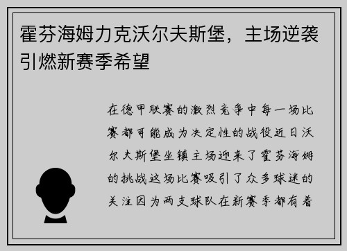 霍芬海姆力克沃尔夫斯堡，主场逆袭引燃新赛季希望
